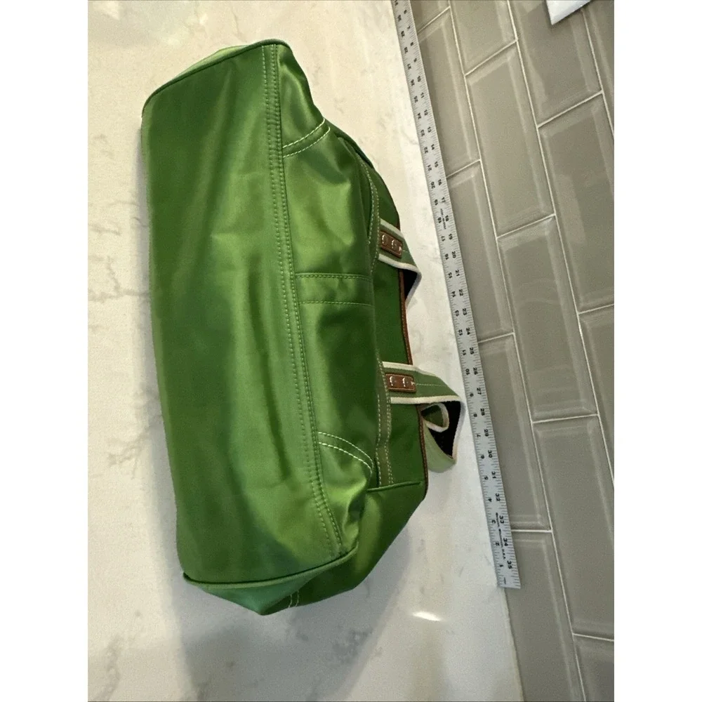 Coach Hampton Green Sateen Nylon Tote Bag Leather Trim Canvas Handles W Charm
